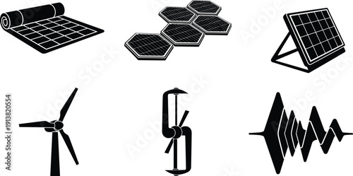Black and white solar panels wind turbine energy wave renewable energy sustainability