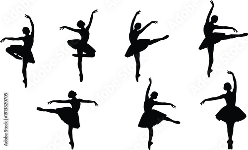 Black silhouettes of ballerinas in various ballet poses on white background ballet dancer