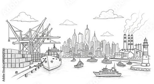 Industrial port city skyline with cranes and ships.