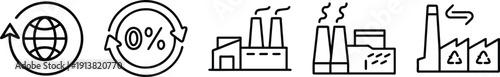 Industrial and environmental icons featuring factories with smoke, recycling symbols, and global sustainability cycles, representing manufacturing, pollution control, and a commitment to a greener fut