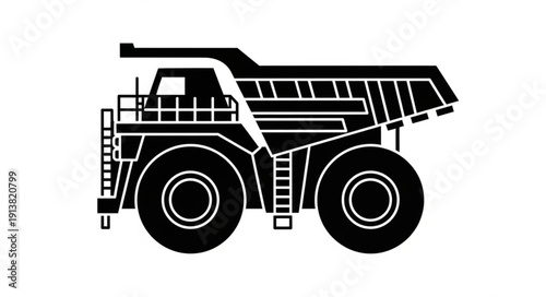 Black and white illustration of a large mining dump truck.