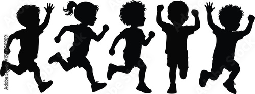 Energetic diverse group of young children playing together, running and jumping with happy expressions