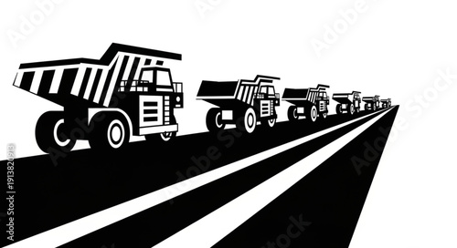 Line of Heavy Mining Dump Trucks on Road.