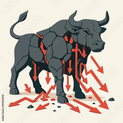 Bull market statue breaking with red downward arrows