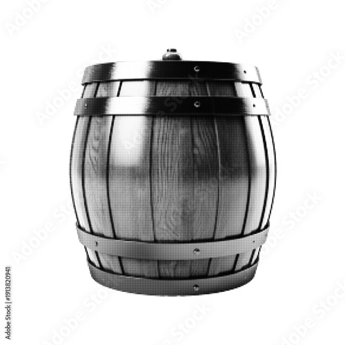 Black and white halftone illustration of wooden barrel isolated on white background. Storage container, winery cask and rustic industry concept in retro style.