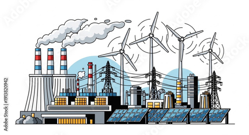 Industrial power generation with wind turbines and solar panels.