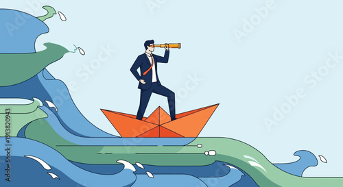 Businessman standing on paper boat in turbulent sea searching opportunity concept illustration

