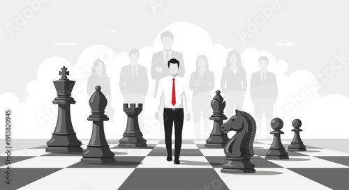 Business strategy concept with businessman standing among chess pieces in leadership illustration
