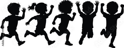Energetic diverse group of young children playing together, running and jumping with happy expressions