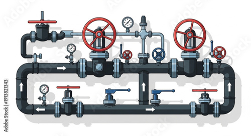 Industrial Pipeline System with Valves and Gauges.
