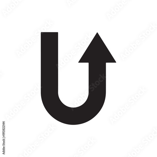 Black U-turn arrow symbol graphic design element for navigation and direction concepts isolated on white background