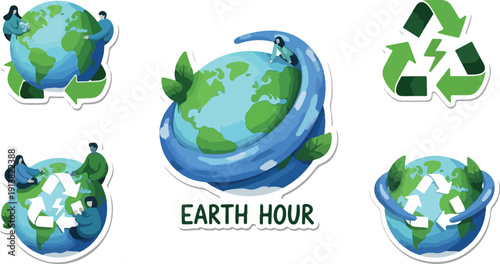Earth Hour Illustration Set for Environmental Awareness, Recycling, and Sustainable Green Energy Concept