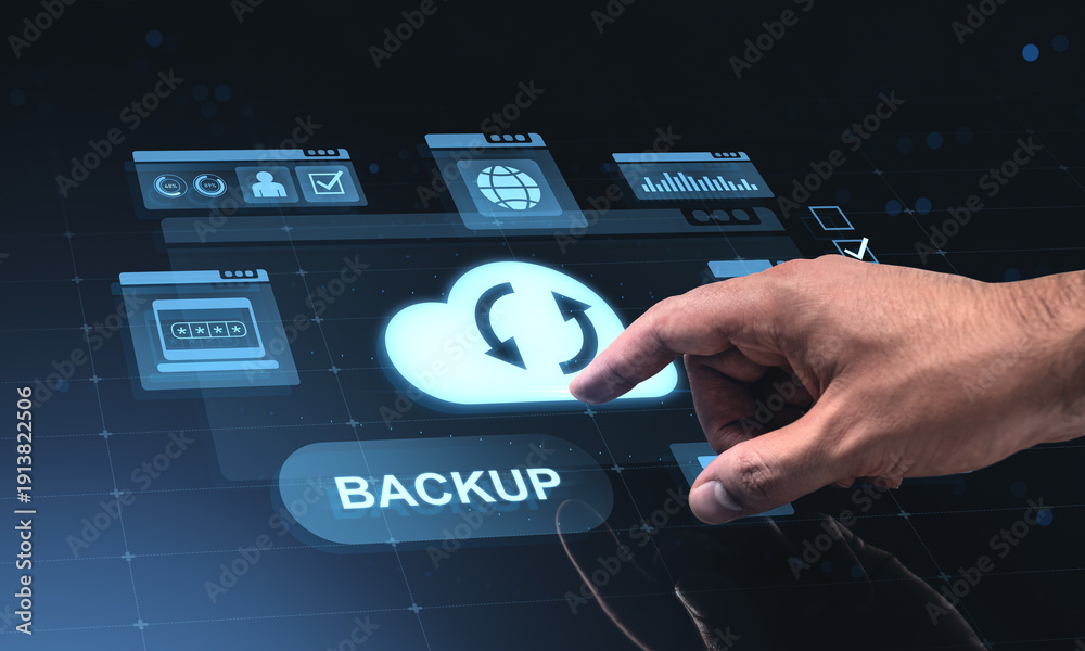 Naklejka premium Hand interacting with virtual backup hologram on futuristic screen interface in digital environment with glowing cloud icon and transparent background.