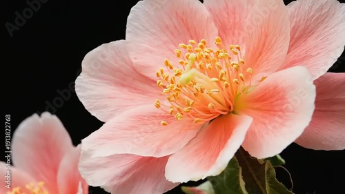 Close-up view of pink flowers with yellow stamens on a black background