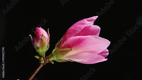 A delicate pink flower budding on a slender stem, against a dark background, captured in a close-up view
