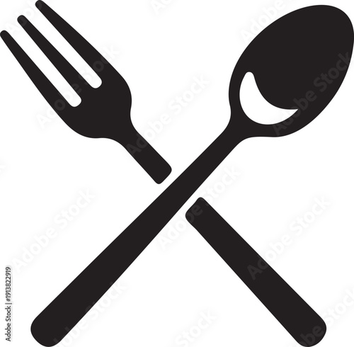 Crossed spoon and fork silhouette icon, minimalist black cutlery symbol for restaurant and kitchen branding on gray background.