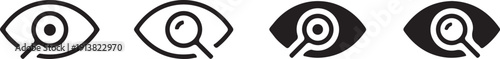 Eye icon with magnifying glass set, vision search symbol and observation discovery signs in minimalist linear and solid style.