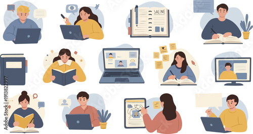Online Education and Financial Literacy Illustration Set with Diverse People Studying on Laptop, Taking Notes, and Participating in Webinar for Career Development Concept