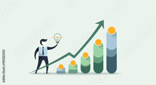 Businessman analyzing growth chart with upward arrow representing financial success and business progress illustration
