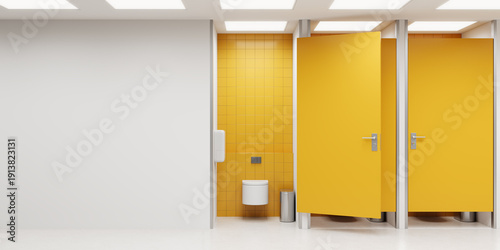 Εκτύπωση καμβά Contemporary restroom interior with yellow tiled wall and open stall doors next to blank copyspace wall for design or poster mockup template display