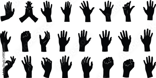 Set of black hand silhouettes showing various gestures, human hands in different positions, communication gestures, isolated on white background for design and education.
