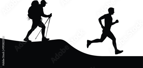 Black silhouettes show a hiker with backpack and poles walking up a hill and a person running