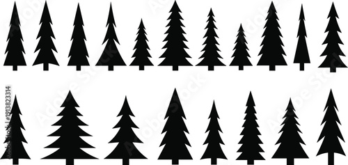 Set of black pine tree silhouettes and evergreen forest icons in various shapes and sizes isolated on white background for landscape design vector.