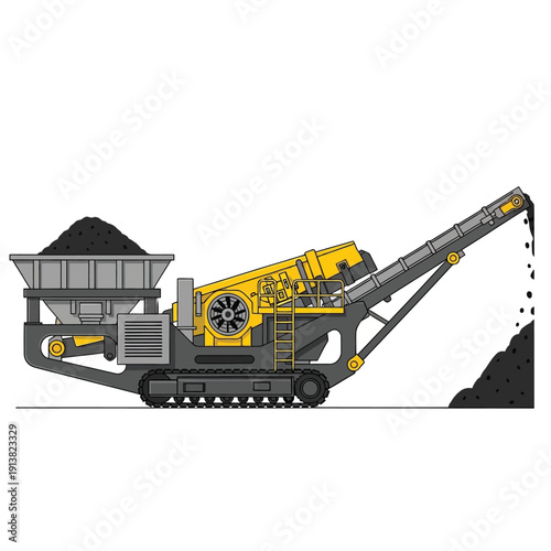 Industrial mining equipment used for crushing and processing coal, featuring a hopper, conveyor belt, and crushing mechanism on tracks
