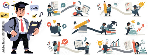 Student Graduation and Education Success Concept Illustration Set with People Achieving Goals, Studying, and Academic Growth Elements