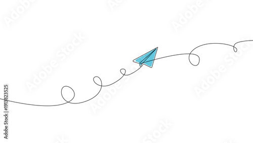 Continuous line paper airplane with curved path isolated on white background, minimal outline editable vector illustration.
