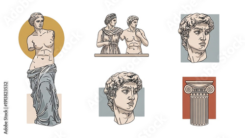 Collage of Classical Greek Statues and Architectural Elements in Various Views