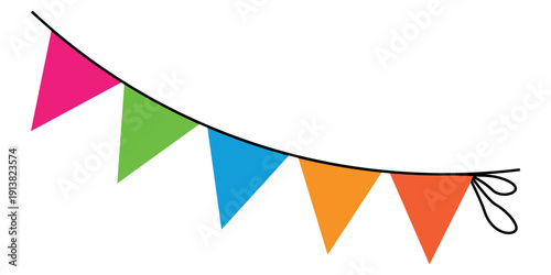 Brightly colored festive party celebration pennant flags strung on a decorative banner with cheerful triangles