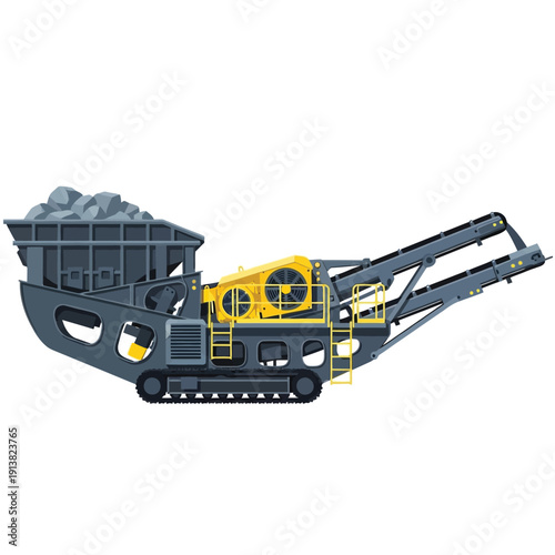 Industrial crusher machine with a hopper and conveyor belts, for crushing rocks and materials
