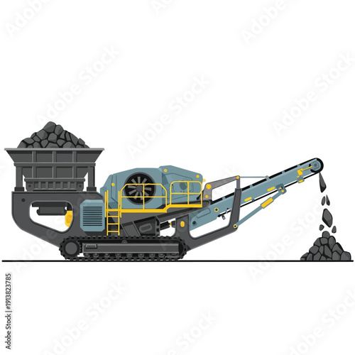 Heavy duty mobile rock crushing machine with conveyor belt, processing aggregate materials for construction, mining, and industrial operations