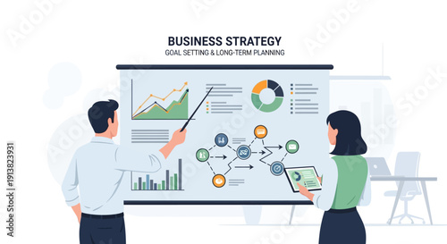 Business team analyzing strategy charts and financial data presentation in modern office illustration
