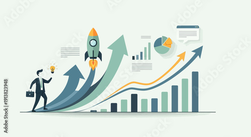 Businessman pushing growth chart with rocket launching representing startup success and business growth concept
