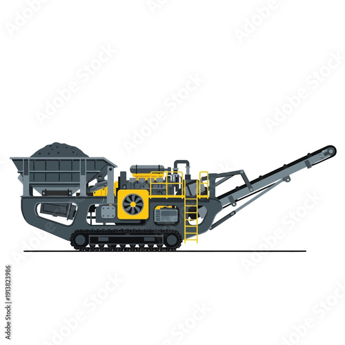 Mobile track-mounted rock crusher, heavy industrial equipment for aggregate production, stone processing, and material crushing, crucial for construction and mining sites