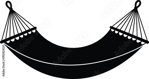 Black silhouette of a hanging hammock, summer relaxation and vacation swing icon, cad drawing flat vector illustration, isolated on white.