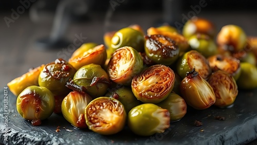 Close-up of caramelized Brussels sprouts on dark slate, steam rising. 