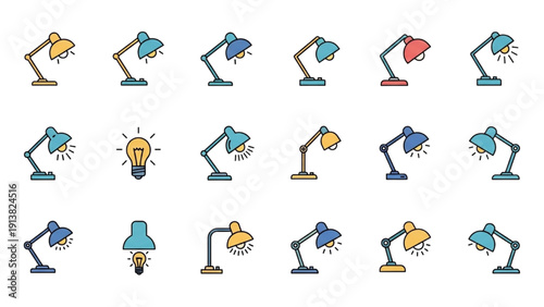 Collection of colorful desk lamps and a glowing lightbulb on a plain background viewed from directly above