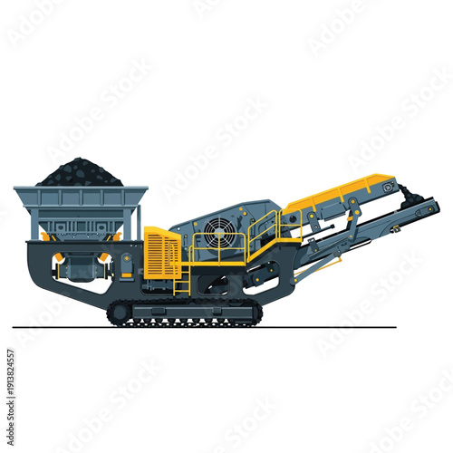 Heavy-duty mobile crushing plant on tracks, efficiently processing bulk materials like coal and ore for mining and construction sites, showcasing industrial machinery for material handling