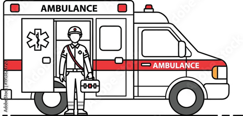 Paramedic professional standing beside an open ambulance vehicle door holding a medical first aid kit ready for emergency response duty
