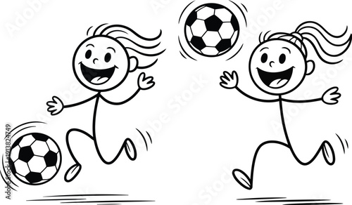 Cheerful stick figure girls enjoy a playful game of soccer with balls on a clean white surface
