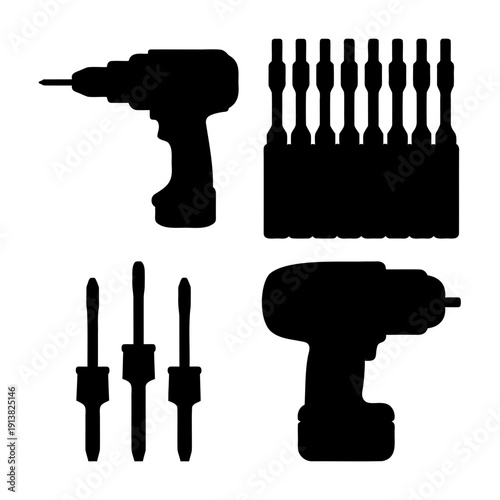 Collection of black silhouettes featuring essential power drills and assorted screwdriver bits