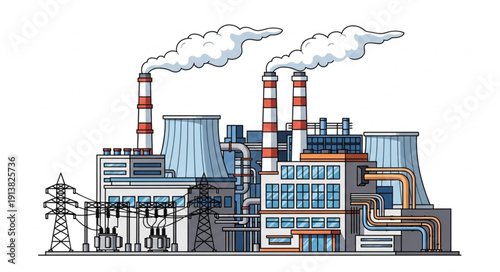 Industrial power plant with smoke stacks and cooling towers emitting steam.
