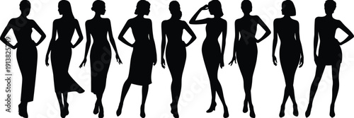 Elegant female silhouette collection, fashion model poses set, black woman figures vector, stylish body shapes, modern flat design illustration