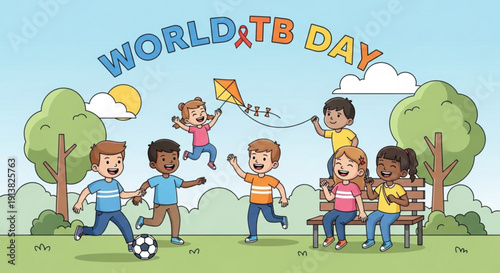 Children playing outside on world tb day with kite and soccer ball in park with green trees
