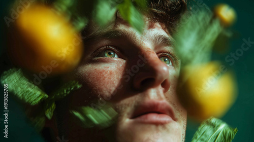 Wallpaper Mural Closeup portrait of young man among lemons and green leaves, gazing upward in soft natural light.
 Torontodigital.ca
