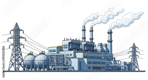 Industrial power plant with smoke stacks and transmission towers.