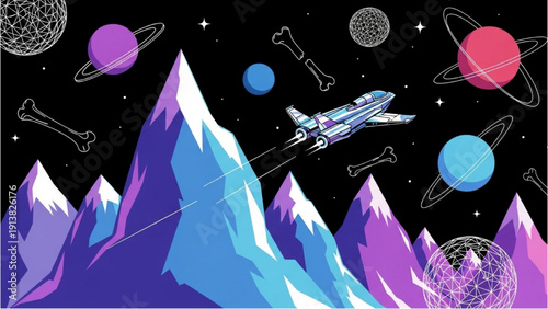 Futuristic Spacecraft Soaring Through Cosmic Landscape with Planetary Bodies and Celestial Objects in Vibrant Galaxy Scene